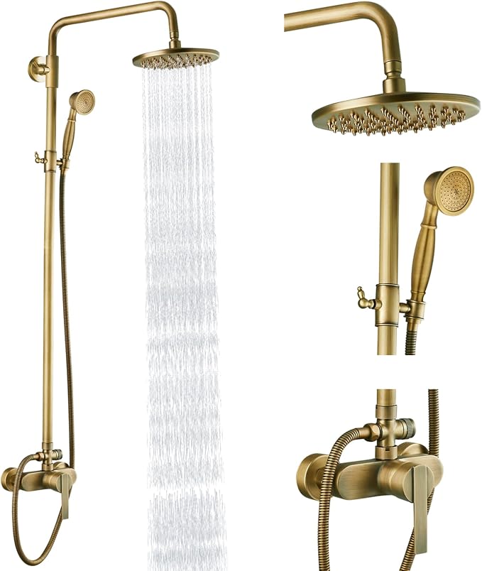 Heyalan Exposed Shower System, 8 Inch Rain Head, Handheld,Antique Brass | Exposed shower system with 8 inch rain head, handheld sprayer, single handle control, and complete wall-mounted setup.