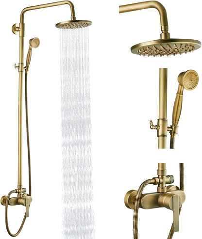 Heyalan Exposed Shower System, 8 Inch Rain Head, Handheld,Antique Brass | Exposed shower system with 8 inch rain head, handheld sprayer, single handle control, and complete wall-mounted setup.