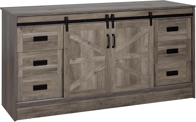 60" Barn Door Bathroom Vanity with 6 Drawers and Two Doors, Farmhouse Style Standing Pedestal Cabinet Without Sink