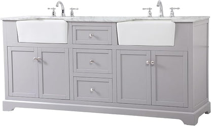 72" Pre-Assembled Bathroom Vanity with Sink, Solid Birch and MDF, Carrara White Marble Countertop Attached, Double Rectangle Porcelain Sink, 3 Soft-Close Drawers, Grey