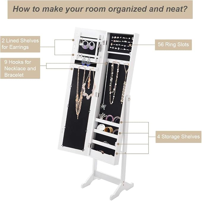 HOMGX Wood Standing Jewelry Cabinet, Jewelry Armoire with Mirror, Jewelry Organizer Storage (White)