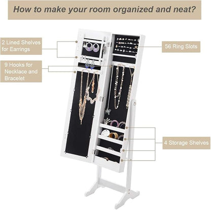 HOMGX Wood Standing Jewelry Cabinet, Jewelry Armoire with Mirror, Jewelry Organizer Storage (White)