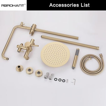 RBROHANT Outdoor Shower, Wall Mount Outdoor Shower Kit, Outside Shower Faucet with Height Adjustable Rain Shower Head and Handheld, Exposed Shower for Backyard, Wall Mounted, Brushed Gold, JK0147