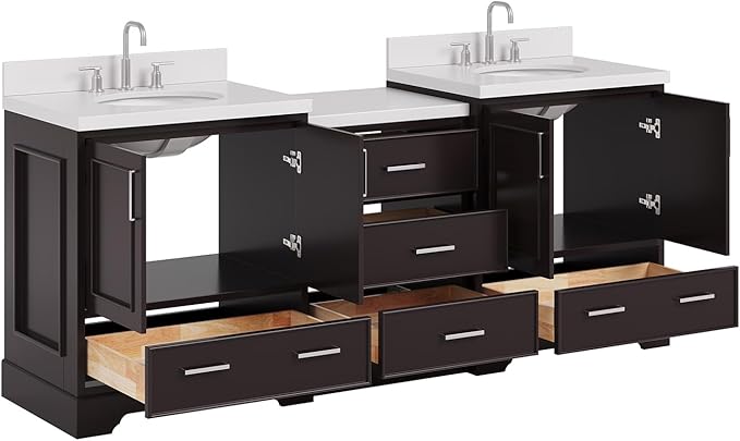 ARIEL Stafford 84-inch Bathroom Vanity with Sink,Solid Wood, 1.5in Pure White Quartz Countertop & Backsplash, Double Oval Porcelain Sink, 4 Soft Closing Doors, 5 Dovetail Drawers, Espresso
