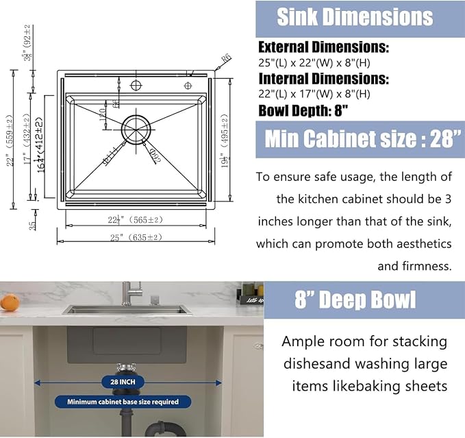 25 Inch Black kitchen Sink Drop in - 25"x22" Topmount Ledge Workstation Kitchen Sinks 16 Gauge Handmade Stainless Steel Single Bowl Sink with All Accessories for Kitchen Laundry Utility