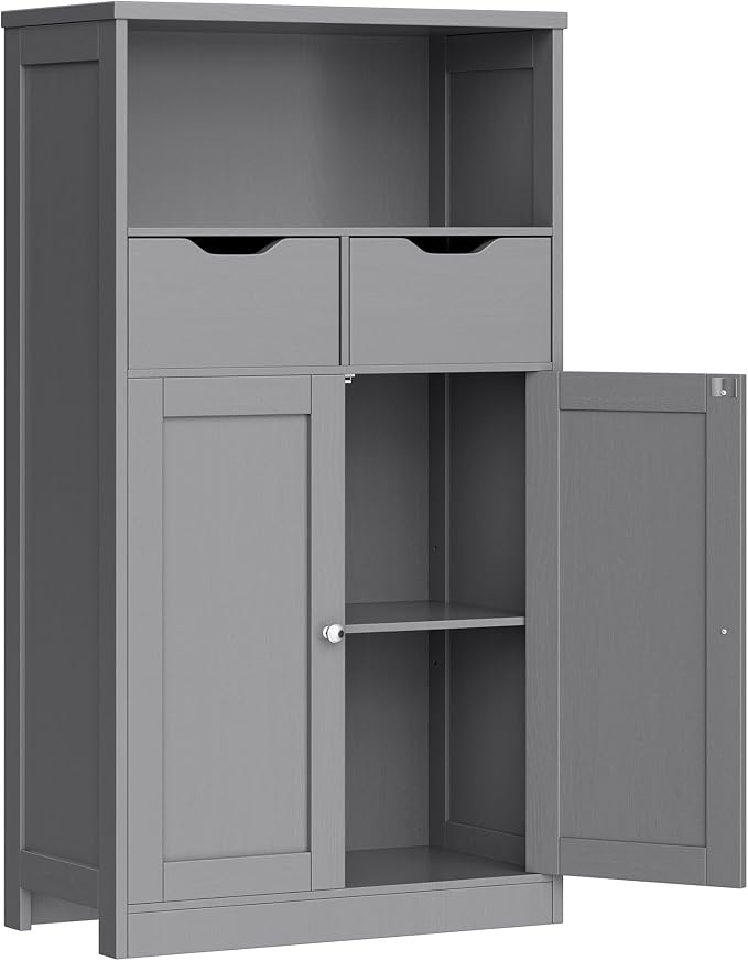Vongrasig Bathroom Storage Cabinet, 42.5" H Freestanding Floor Cabinet | Wooden Modern Cabinet with 2 Drawers, Open Shelf and Adjustable Shelf for Bathroom, Laundry Room and Entryway, Grey