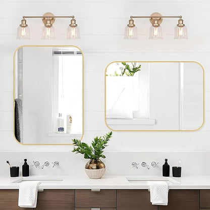 Gold Bathroom Mirror, 24x32 Inch Brushed Gold Mirror, Aluminum Alloy Framed Vanity Mirror, Rounded Rectangle Bathroom Mirror for Over Sink, Anti-Rust Wall Mirror (Horizontally or Vertically)