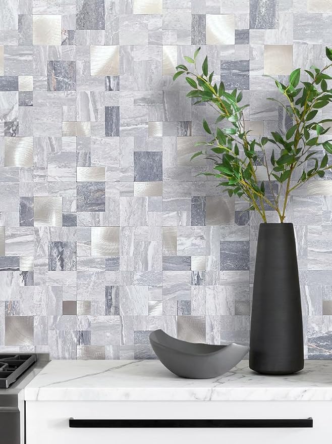 DICOFUN 1 Sheet Grey Marble Peel and Stick Tile Backsplash, Mixed Metal Silver Chips Kitchen and Bathroom Tiles, Stick on Backsplash for Stove