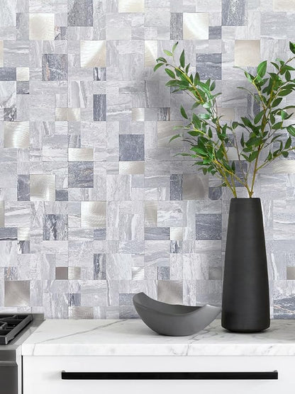 DICOFUN 1 Sheet Grey Marble Peel and Stick Tile Backsplash, Mixed Metal Silver Chips Kitchen and Bathroom Tiles, Stick on Backsplash for Stove