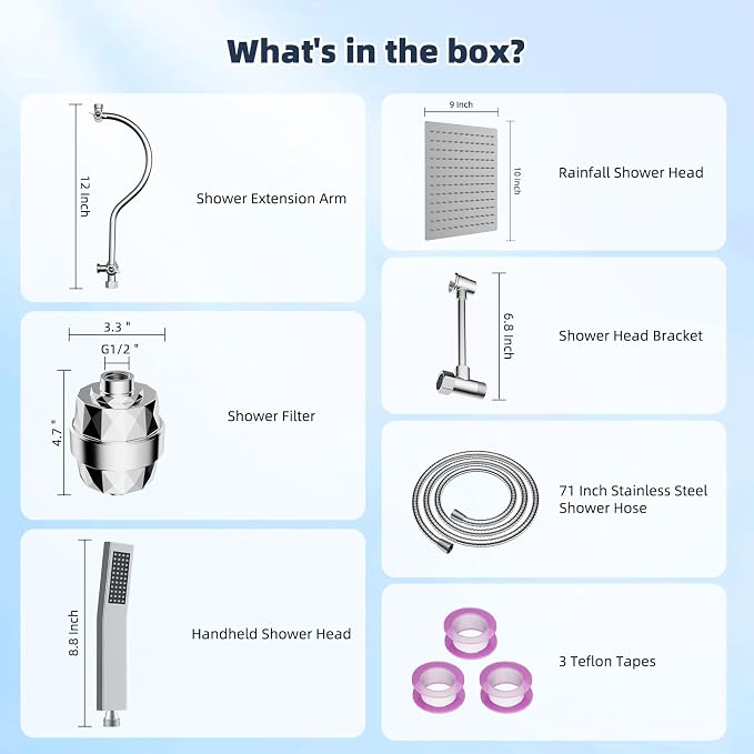 Hibbent All Metal 10'' Filtered Rainfall Shower Head Combo, High Pressure Handheld Shower Wand, 12'' Adjustable Curved Extension Arm, 20 Stage Shower Filter, 71'' Hose, Shower Head Holders, Chrome