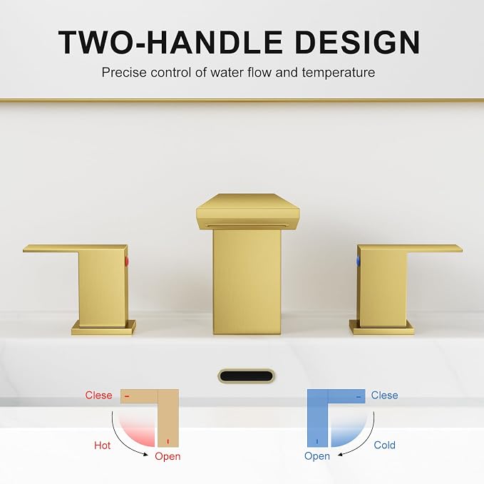 RUMOSE Bathroom Faucets 3 Hole Gold Bathroom Sink Faucet with Drain | 8 Inch Mixer Widespread Waterfall Vanity Two Handle Lavatory Bath Tap, Pop Up Drain, Stainless Steel