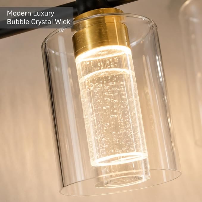 Black and Gold Vanity Light with 3 Color Modes, Eye Protection LED Bathroom Light Fixtures, Dimmable Modern Wall Light Over Mirror with Clear Glass Shade (Black & Gold, 4-Light)