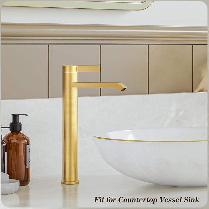 Phiestina Brushed Gold Tall Bathroom Faucet Brass Vessel Sink Faucet, Single Hole Single Handle Waterfall Above Counter Sink Faucet with Metal Pop Up Drain, FH04-BG-V