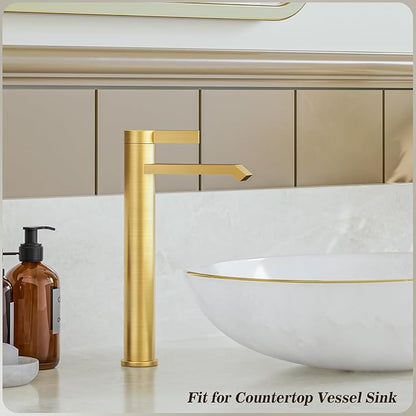 Phiestina Brushed Gold Tall Bathroom Faucet Brass Vessel Sink Faucet, Single Hole Single Handle Waterfall Above Counter Sink Faucet with Metal Pop Up Drain, FH04-BG-V