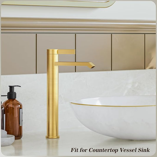 Phiestina Brushed Gold Tall Bathroom Faucet Brass Vessel Sink Faucet, Single Hole Single Handle Waterfall Above Counter Sink Faucet with Metal Pop Up Drain, FH04-BG-V