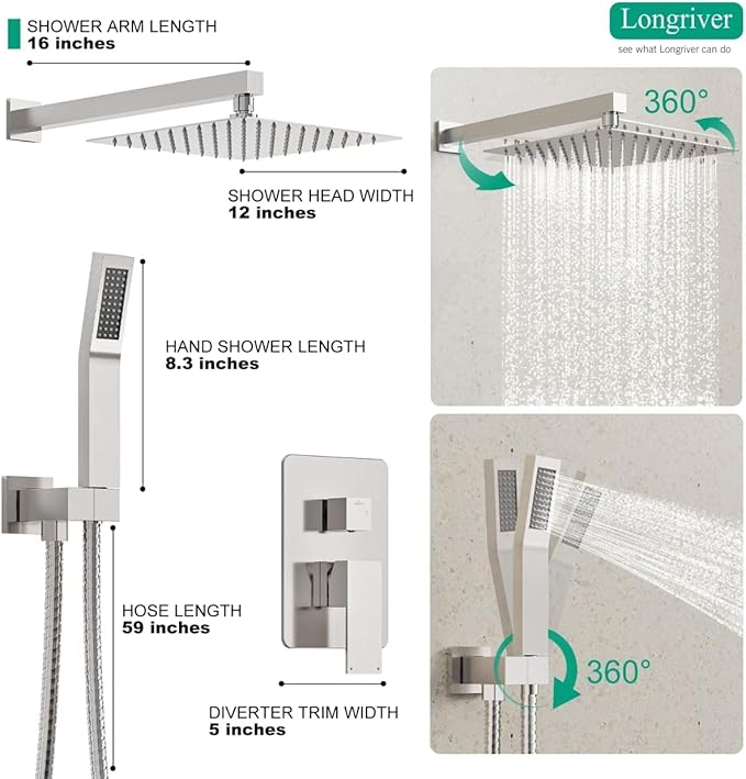 Longriver S200 Shower Faucet Set, Shower System Bathroom High Pressure 12 Inches Rainfall Shower Head with Handheld Spray, Wall Mounted Shower Fixtures with Shower Valve and Trim Kit, Brushed Nickel