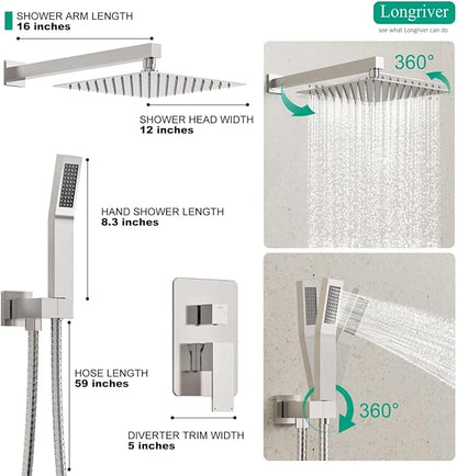 Longriver S200 Shower Faucet Set, Shower System Bathroom High Pressure 12 Inches Rainfall Shower Head with Handheld Spray, Wall Mounted Shower Fixtures with Shower Valve and Trim Kit, Brushed Nickel