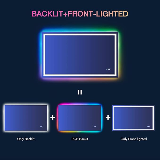 48x32 Inch RGB LED Bathroom Mirror with Lights | Front and RGB Backlit, Dimmable, Memory, Anti Fog, Shatterproof, Horizontal/Vertical, Lighted Mirrors for Bathroom Wall
