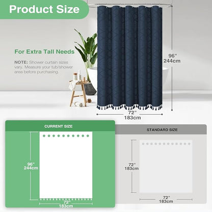 Extra Long Boho Shower Curtain Tufted Geometric 72"x96" Navy Blue | 96 Inch Tall, Elegant Tassel, Lightweight Textured Fabric, Water Repellent, Washable, Hotel Spa, for Bathroom/Dorm 12 Hooks