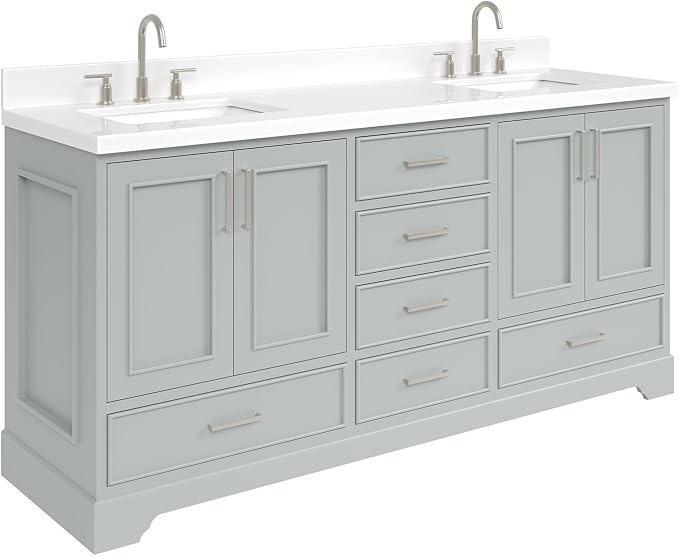 Langford 72-inch Grey Bathroom Vanity with Left & Right Rectangle Double Sinks, Pure White Quartz Countertop & Backsplash, Solid Wood Frame, Soft-Closing & Dovetail Drawers