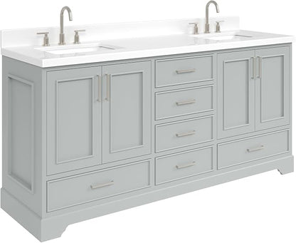Langford 72-inch Grey Bathroom Vanity with Left & Right Rectangle Double Sinks, Pure White Quartz Countertop & Backsplash, Solid Wood Frame, Soft-Closing & Dovetail Drawers