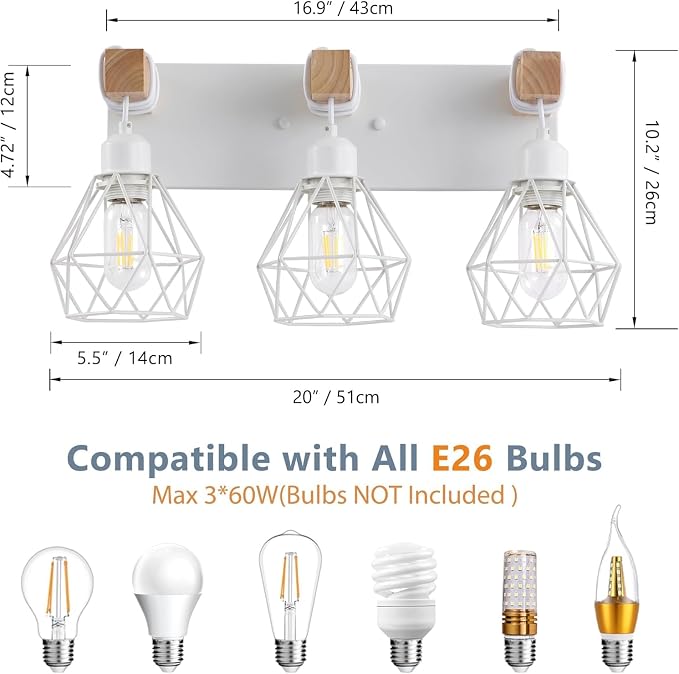 VbiTmn Bathroom Light Fixtures, 3 Light White Farmhouse Wood Vanity Lights | Rustic Design, Diamond Metal Shades, Easy to Install, Wall Sconces for Bathroom, Bedroom, Makeup Area, Over Vanity Mirror