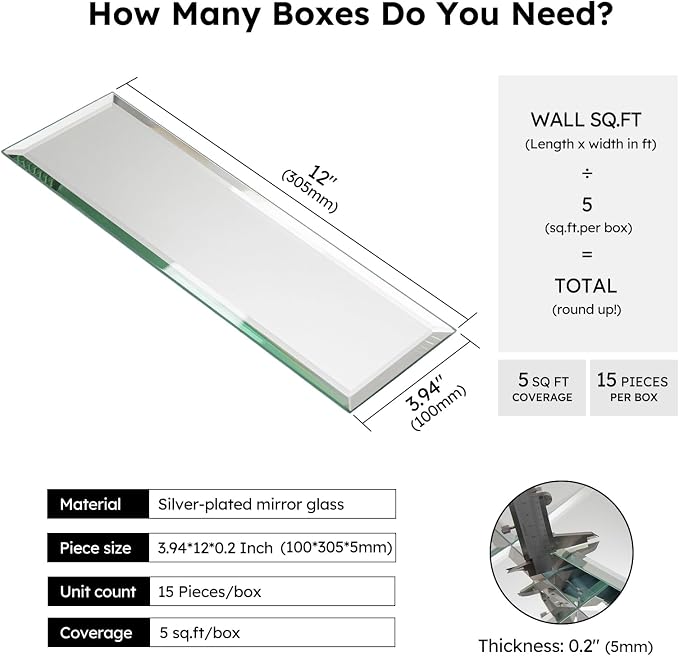 Peel and Stick Mirror Backsplash Tiles, Silver, 4x12 Inch, Beveled Mirror Subway Tiles for Kitchen Backsplash Bathroom Wall, Pack of 15 Pcs