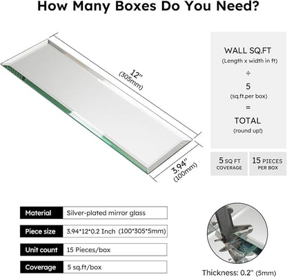 Peel and Stick Mirror Backsplash Tiles, Silver, 4x12 Inch, Beveled Mirror Subway Tiles for Kitchen Backsplash Bathroom Wall, Pack of 15 Pcs