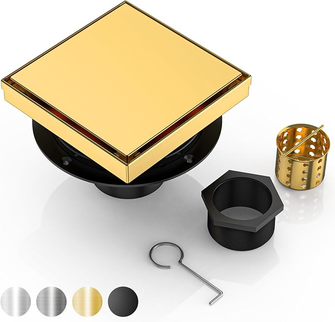 DLONE® Shower Drain | 6 Inch Brushed Gold with Tile Insert Panel | Square Shower Drain, with Hair Catcher, Shower Floor Drain Fits Bathroom & Balcony etc