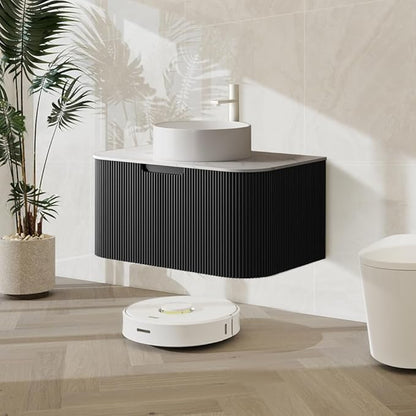 LKTART 30 Inch Floating Bathroom Vanity with Sink, Modern Wall Mounted Bathroom Storage Cabinet with Drawer, Round White Ceramic Sink Top and Marble Texture Top,Black