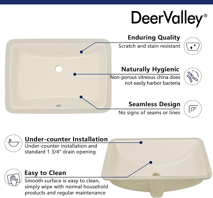 DeerValley DV-1U0085 Ally Rectangular Undermount Bathroom Sink 21'' x 15'' inch Vitreous China Bathroom Undermount Sink with Overflow, Bone