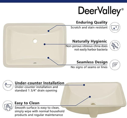 DeerValley DV-1U0085 Ally Rectangular Undermount Bathroom Sink 21'' x 15'' inch Vitreous China Bathroom Undermount Sink with Overflow, Bone
