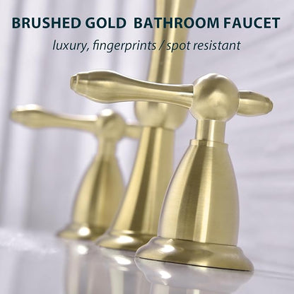 TRUSTMI 8" Widespread Brushed Gold Faucet w/Pop-Up Drain & Supply Lines | Solid Brass, fits 3-Hole Vanity Sink, cUPC Lines, Overflow Drain