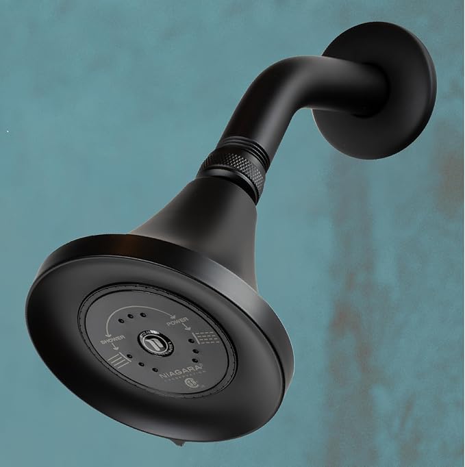 Niagara Conservation N3915MB Earth Luxe 3-Spray with 1.5 GPM 3.35-in. Wall Mount Adjustable Fixed Shower Head in Matte Black, 1-Pack | Bathroom Shower Head Sprayer with Pressure Compensation