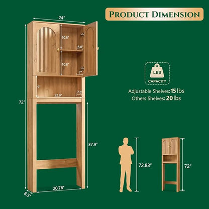 72" Over The Toilet Storage Cabinet, Modern Over Toilet Bathroom Organizer Shelf with Fluted Arched Doors, Wooden Free Standing Bathroom Storage Cabinet with Adjustable Shelf, Space Saver, Natural Oak