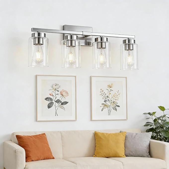 4-Light Bathroom Light Fixtures, Nickel Modern Vanity Lights Over Mirror, Bathroom Wall Sconces with Clear Glass Shade for Living Room Bedroom Hallway Cabinet Porch