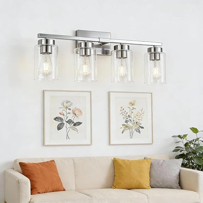 4-Light Bathroom Light Fixtures, Nickel Modern Vanity Lights Over Mirror, Bathroom Wall Sconces with Clear Glass Shade for Living Room Bedroom Hallway Cabinet Porch