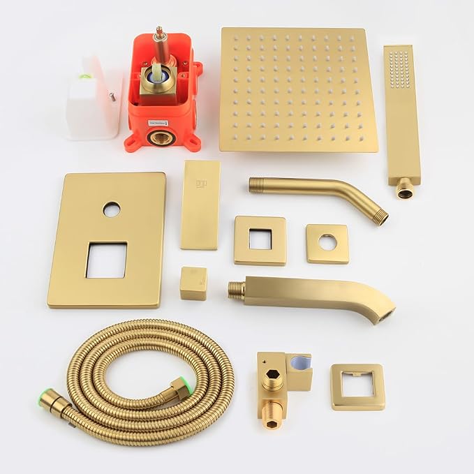 Brushed Gold Shower System Bathroom Shower Faucet Set with Tub Spout Wall Mounted 8 Inch Shower Head and Handle Set with Handheld 3 Function Tub and Shower Trim Kit with Valve