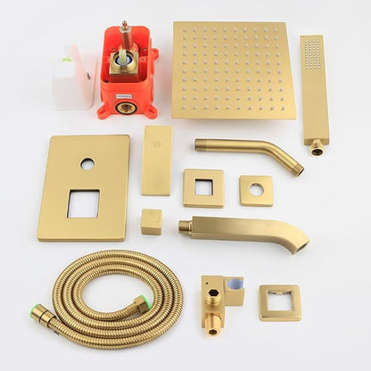 Brushed Gold Shower System Bathroom Shower Faucet Set with Tub Spout Wall Mounted 8 Inch Shower Head and Handle Set with Handheld 3 Function Tub and Shower Trim Kit with Valve