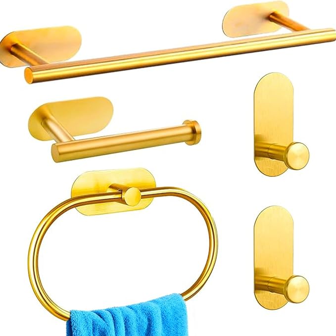 Bathroom Hardware Set, 16" Bathroom Towel Holder with Toilet Paper Holder, Towel Ring, Towel Hook, Bathroom Accessories for Kitchens, Laundry Rooms (5, Gold)