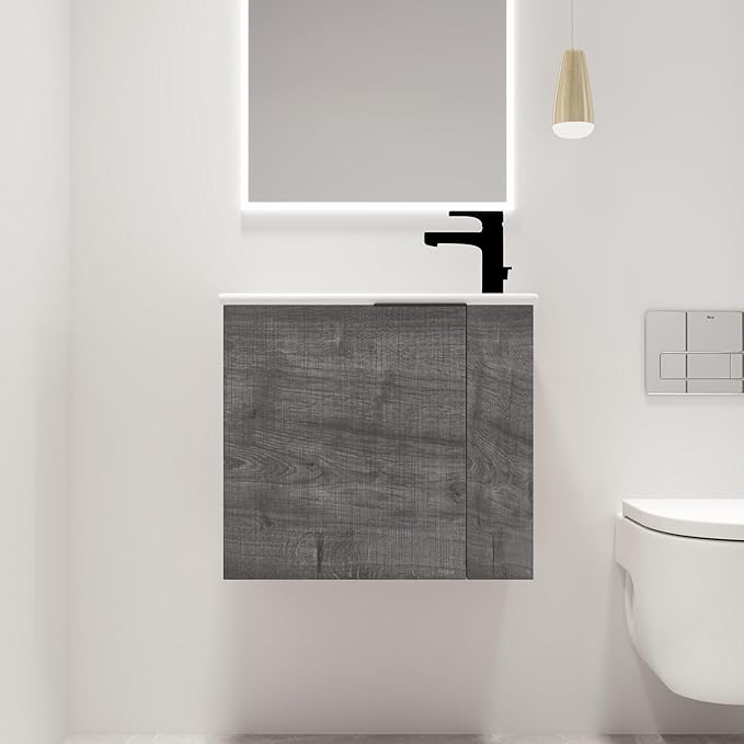 22" Floating Bathroom Vanity with Sink, Mordern Grey Vanity Combo for Small Bathroom, Single Bath Wall Mounted Cabinet Side for Narrow Space, 1 Door and 1 Ceramics Basin. (002-Plaid Grey Oak, 22 * 13)