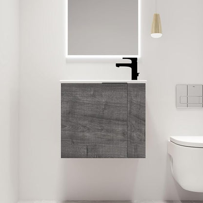 22" Floating Bathroom Vanity with Sink, Mordern Grey Vanity Combo for Small Bathroom, Single Bath Wall Mounted Cabinet Side for Narrow Space, 1 Door and 1 Ceramics Basin. (002-Plaid Grey Oak, 22 * 13)