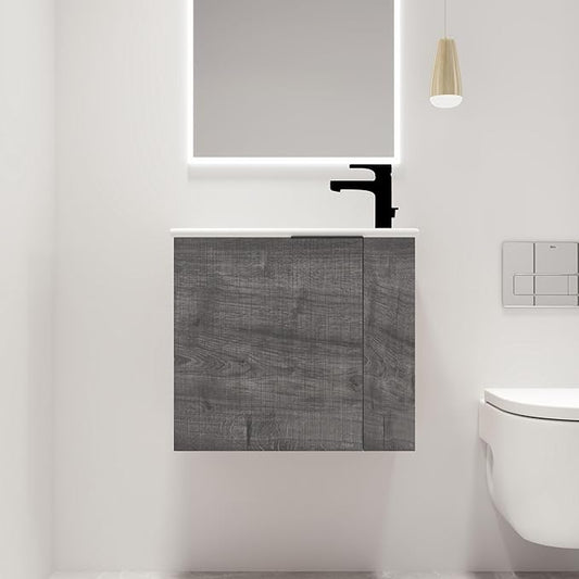 22" Floating Bathroom Vanity with Sink, Mordern Grey Vanity Combo for Small Bathroom, Single Bath Wall Mounted Cabinet Side for Narrow Space, 1 Door and 1 Ceramics Basin. (002-Plaid Grey Oak, 22 * 13)