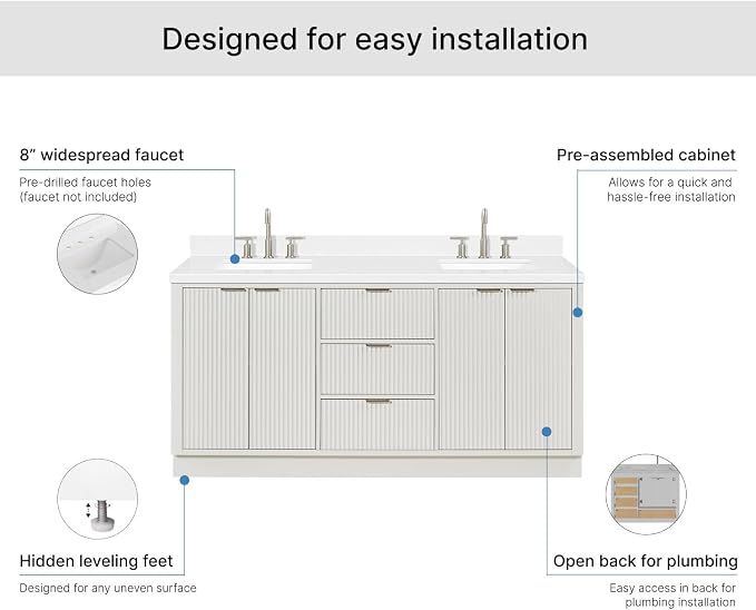 ARIEL Milan 72-inch Bathroom Vanity with Sink,Solid Wood, 1.5-inch Carrara White Quartz Countertop, Double Rectangular Porcelain Sink, 4 Soft Closing Doors, 3 Dovetail Drawers, Warm White