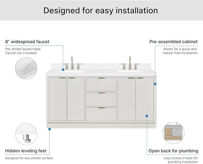 ARIEL Milan 72-inch Bathroom Vanity with Sink,Solid Wood, 1.5-inch Carrara White Quartz Countertop, Double Rectangular Porcelain Sink, 4 Soft Closing Doors, 3 Dovetail Drawers, Warm White