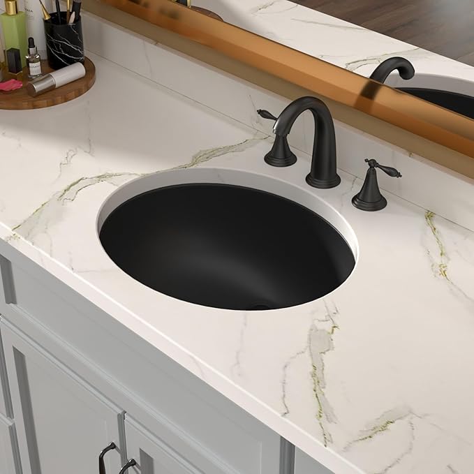 Lordear Undermount Black Bathroom Sink 18x15 Inch Bathroom Vanity Sinks Undermount Round Black Porcelain Ceramic Bathroom Under Counter Lavatory Vanity Sink Basin with Overflow