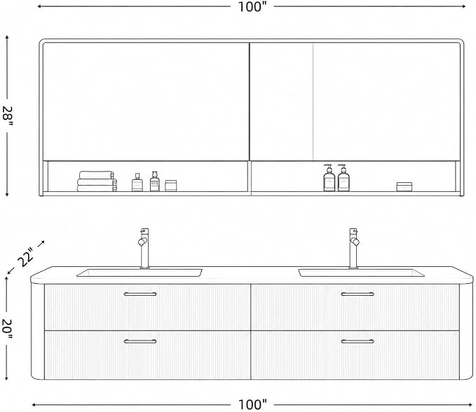 100 in Double Bathroom Vanity with Sinks - Modern Floating Bathroom Vanity with Solid Wood Cabinet, Anti-Fog Mirror and Integrated Stone Sinks | Wall Mounted Design | Ample Storage