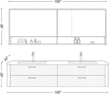 100 in Double Bathroom Vanity with Sinks - Modern Floating Bathroom Vanity with Solid Wood Cabinet, Anti-Fog Mirror and Integrated Stone Sinks | Wall Mounted Design | Ample Storage