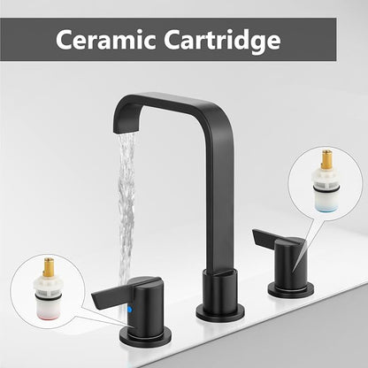 Matte Black Bathroom Faucet 3 Hole 8 Inch Widespread Waterfall | 2-Handle Vanity Faucet, Pop-Up Drain, Supply Lines, Adjustable 4- to 16-Inch Widespread Fit, 360° Swivel Spout