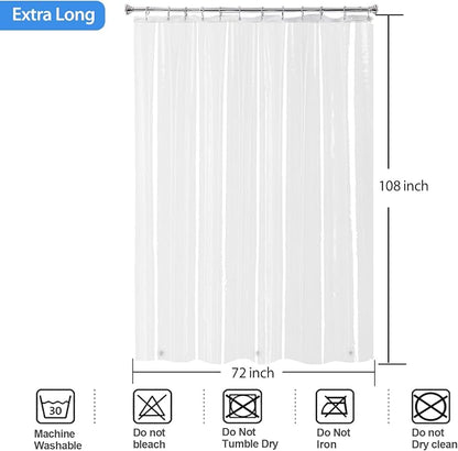 Super Extra Tall Clear 9ft Shower Curtain 108 inches Long for Patio | 72x108" Transparent Plastic PEVA Vinyl Waterproof Liner with 3 Magnets, 12 Pack Stainless Steel Hooks Included
